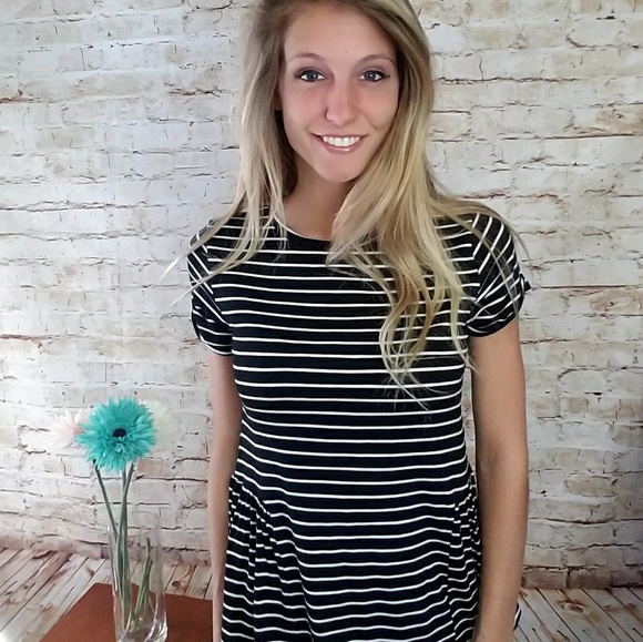 Amelia James Tops - Black Striped Peplum Tee Shirt